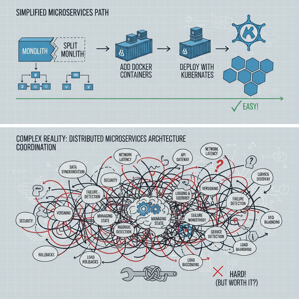 An infographic showing the simplified microservices path vs. the complex reality