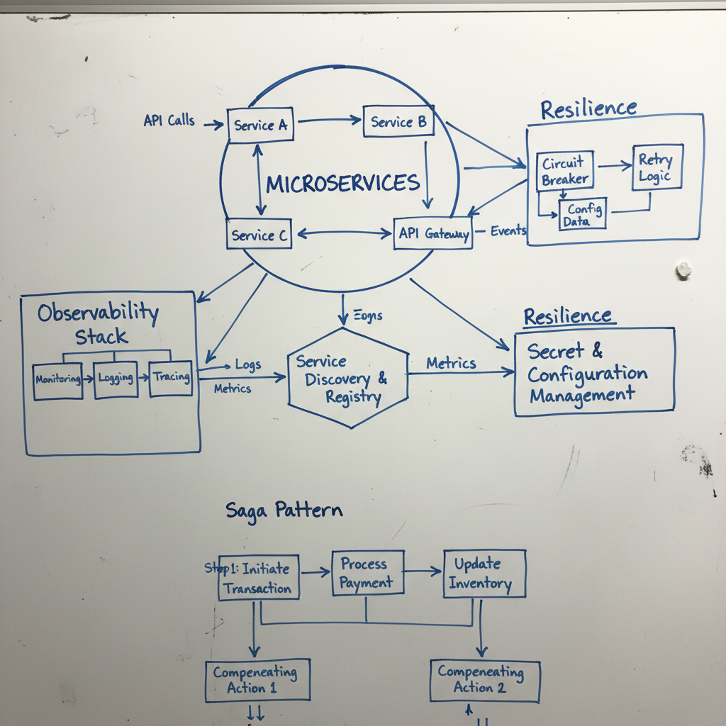 Diagram showing interaction of microservices components like observability, secret management, service discovery, and resilience patterns