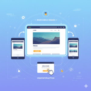 Illustration of front-end development concepts including responsive design and user interaction