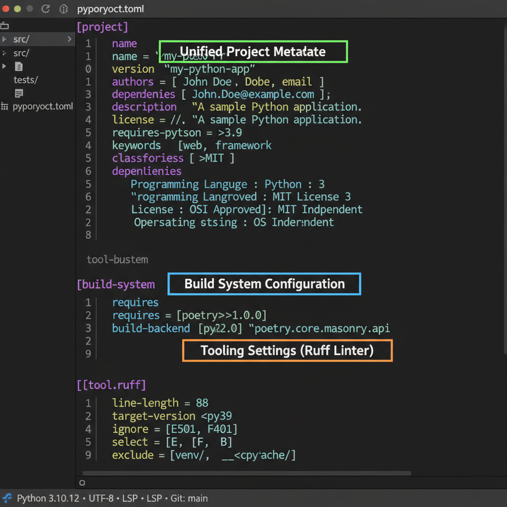 Insert an image showing a pyproject.toml file with these sections highlighted