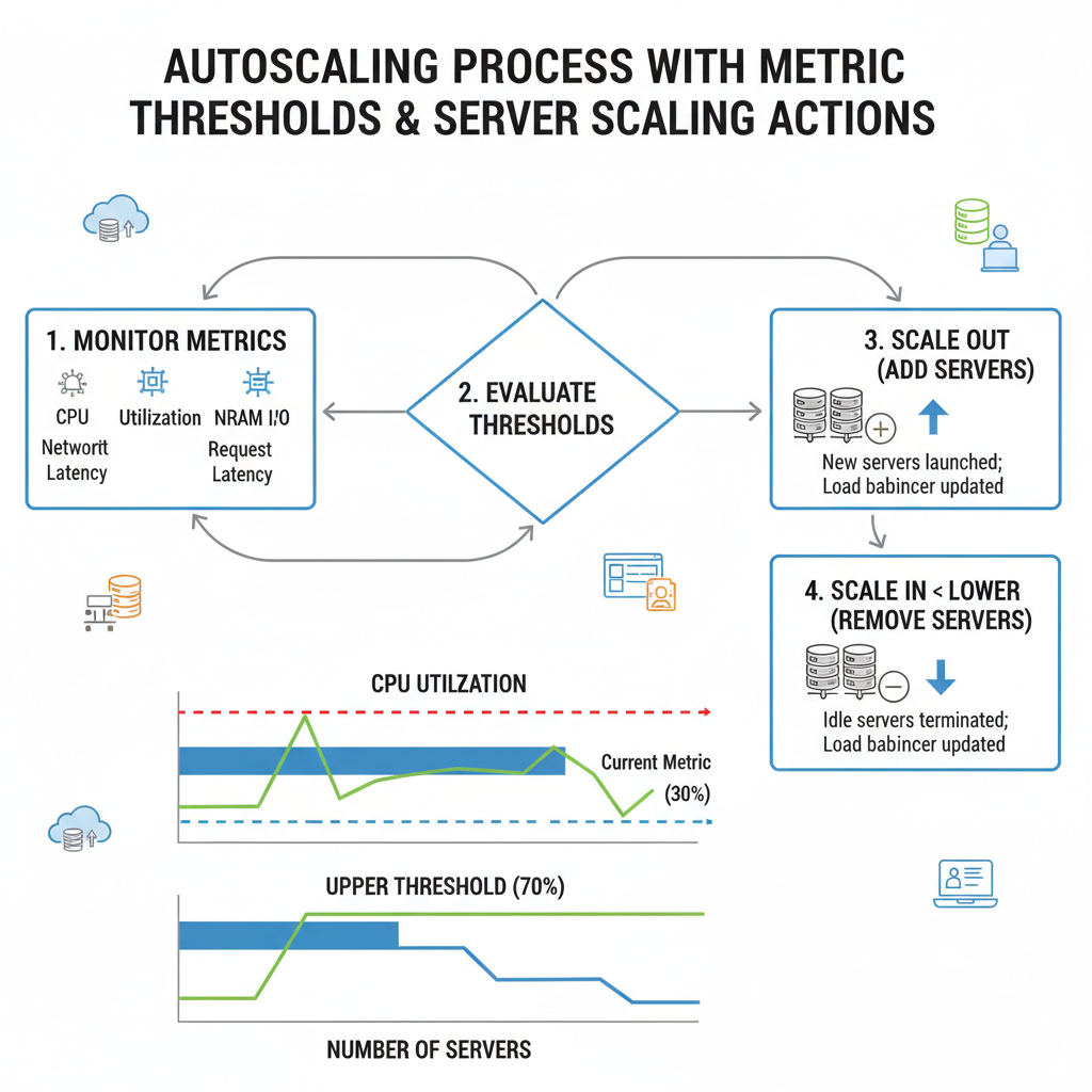 Diagram illustrating the autoscaling process with metric thresholds and server scaling actions