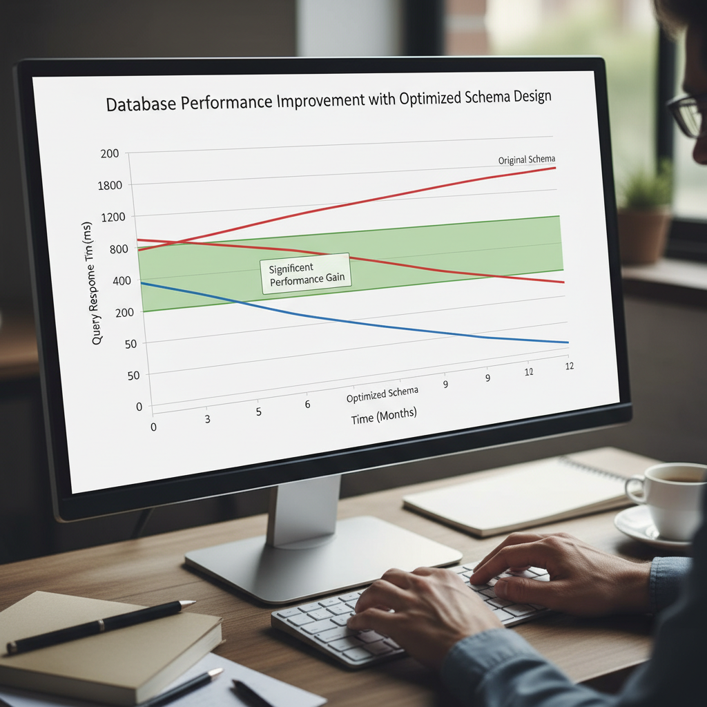 Image showing a graph of improved database performance over time with good schema design