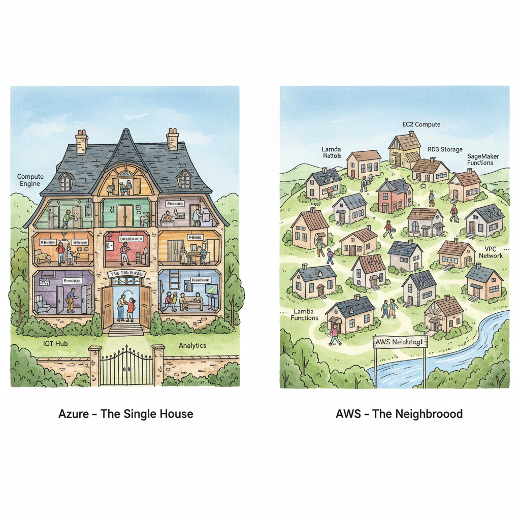 comparing Azure's single house with many rooms to AWS's neighborhood with many houses