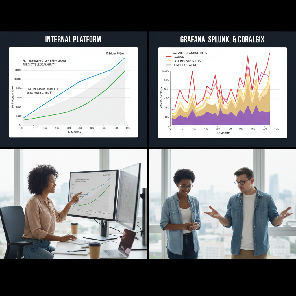 comparing cost charts: Internal Platform vs Grafana, Splunk, and Coralogix